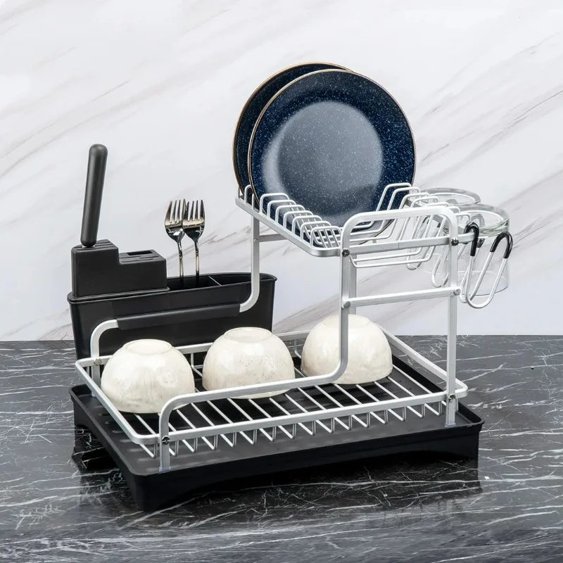 

Kitchen Dish Drying Rack Sink Drainer Plates Bowls Organizer Accessories Cutlery Wine Glass Storage Shelf Double Layer Aluminum