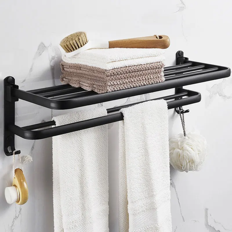 

Towel Holder Wall Mounted Punch-Free Towel Rack Bathroom Accessories Aluminum Matte Black Folding Hook Storage Shower Rack