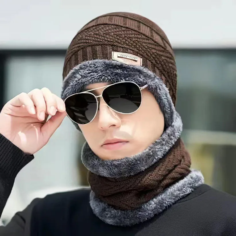 Ayyufe Men Hat Solid Color Plush Lining Autumn Winter Warm Knitting Cap Scarf Face Cover for Outdoor, Men's, Size: One size, Red