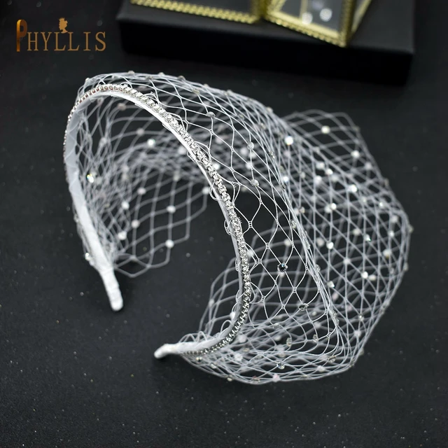 JM06 Rhinestone Women's Fascinating Veil Retro Charming Hat Bridal Veil with Headhoop Birdcage Wedding Women’s Fascinator Veil JM22-White