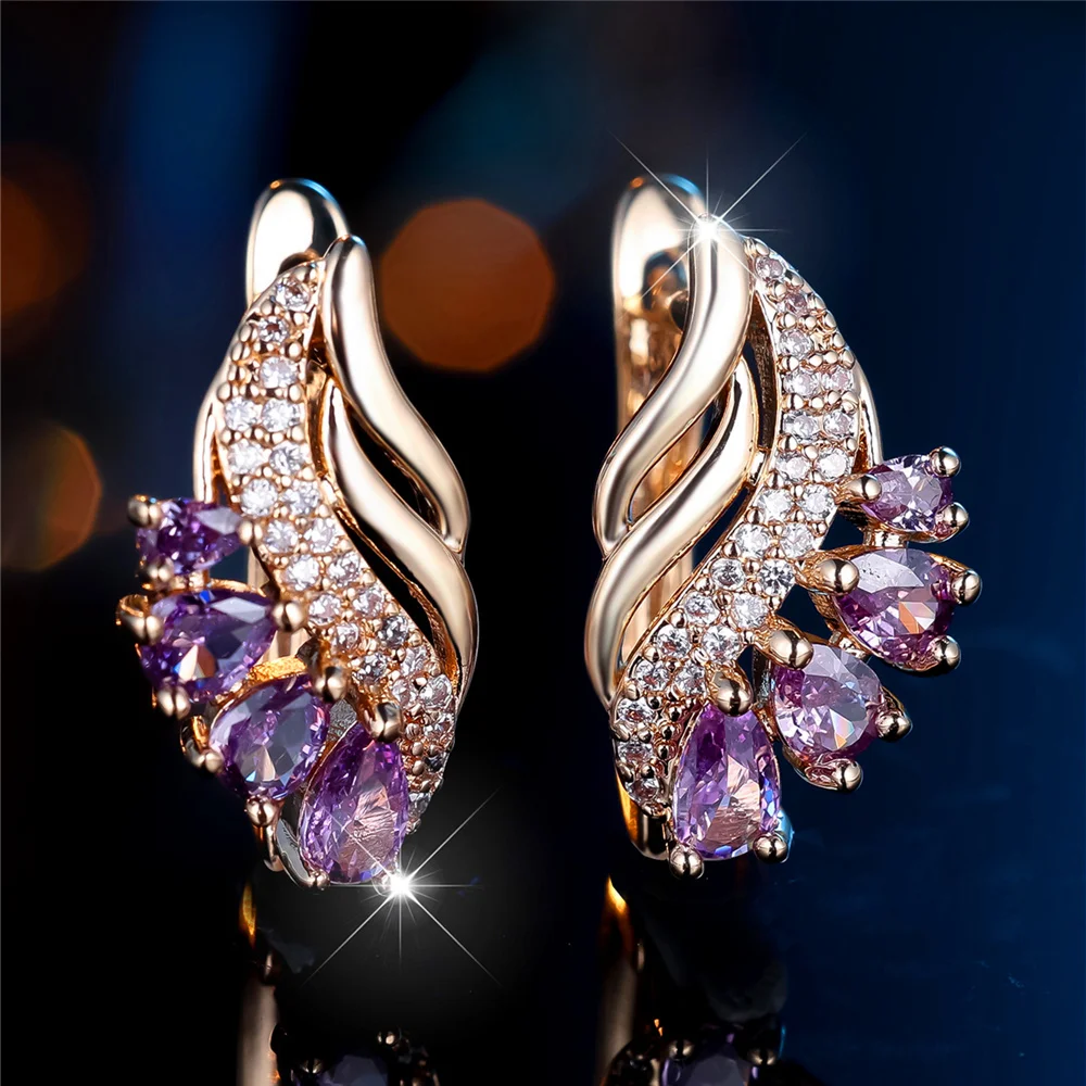 Charm Female Purple Zircon Stone Hoop Earrings Gold Color Simple Wedding Jewelry For Women