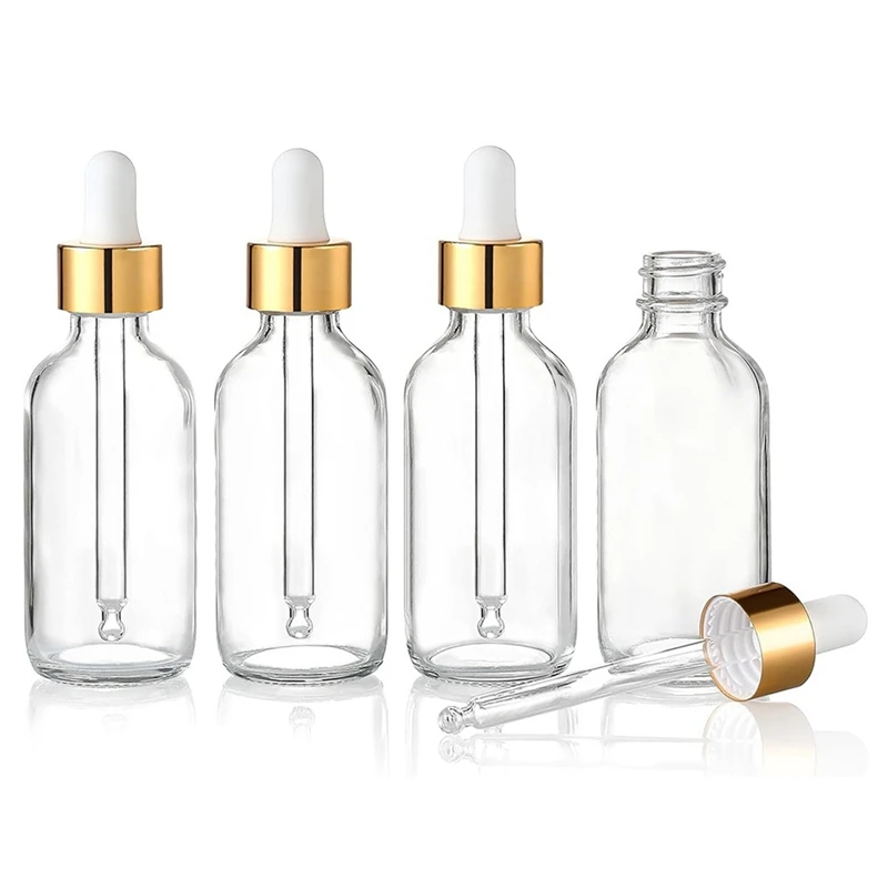 

Leak Proof Travel Dropper Bottles 4 Pack With Golden Caps, Clear Glass For Essential Oils 1Oz (30Ml) Easy To Use