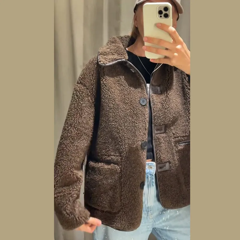 Doppelseitige Damenjacke, Mantel, Umlegekragen, einzelne Knopftasche, weibliche Mäntel, Herbst, elegant, flauschig, kurz, Outwears Damen – Detail 3