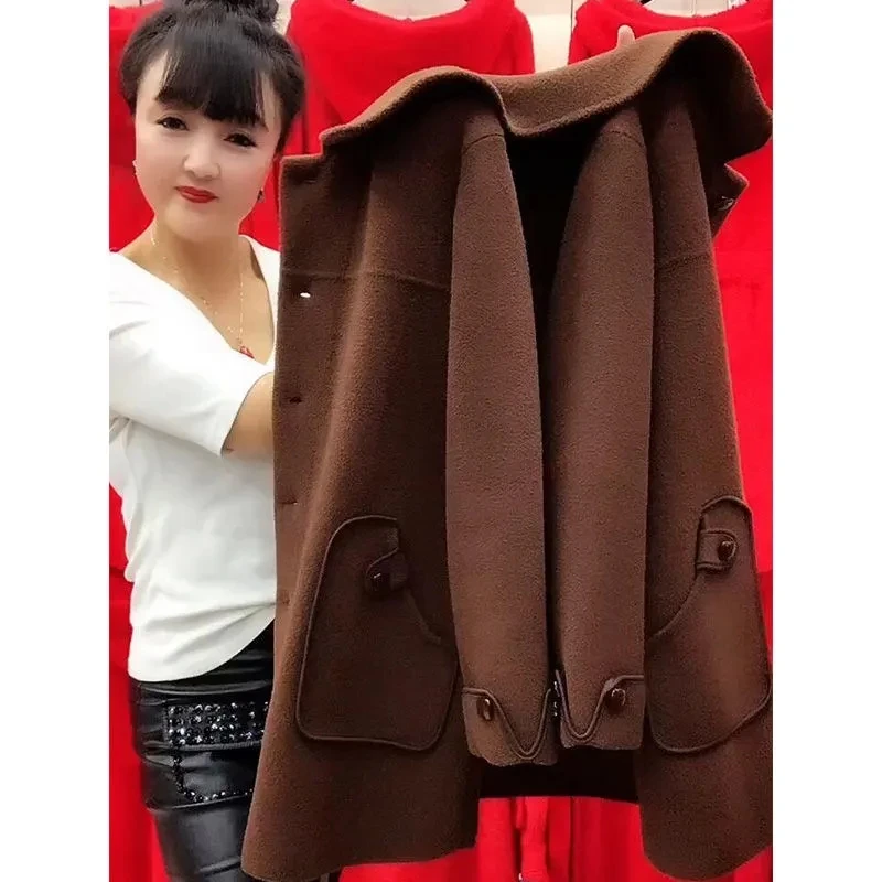 어머니 중간 길이 캐시미어 양면 울 코트, 한국 봄 중년 여성 니트 카디건, 모직 재킷, 가을 겨울