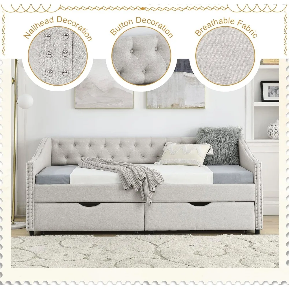 Wood Twin Daybed Frame with 2 Storage Drawers, Upholstered with Button and Nailhead Design for Bedroom Guest Room 2