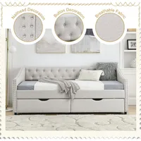 Wood Twin Daybed Frame with 2 Storage Drawers, Upholstered with Button and Nailhead Design for Bedroom Guest Room 2