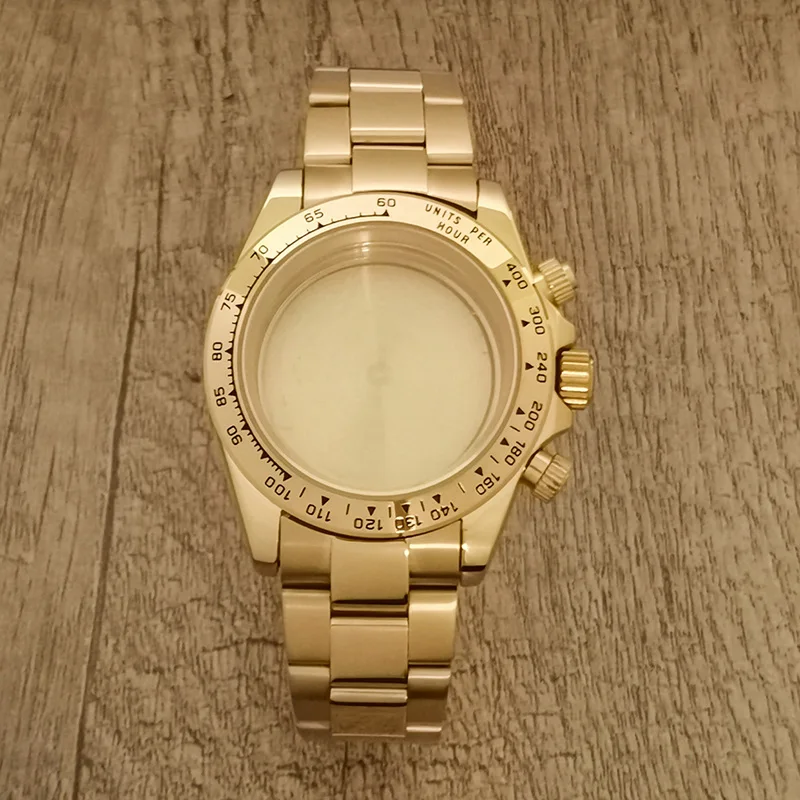 

39mm Watch Accessories Gold Stainless Steel Case Belt Sapphire Glass Suitable VK63 Chronograph Movement Screw Crown Waterproof