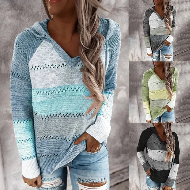 Plus Size 5XL Autumn Winter Women's Pullover Fashion Patchwork Long Sleeve Knit Sweater Tops Women Crochet Hollow Hooded Sweater 1
