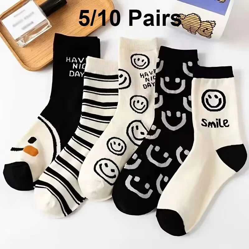 Breathable Cotton Socks 5/10 Pairs Happy Face Cartoon Cat for Women