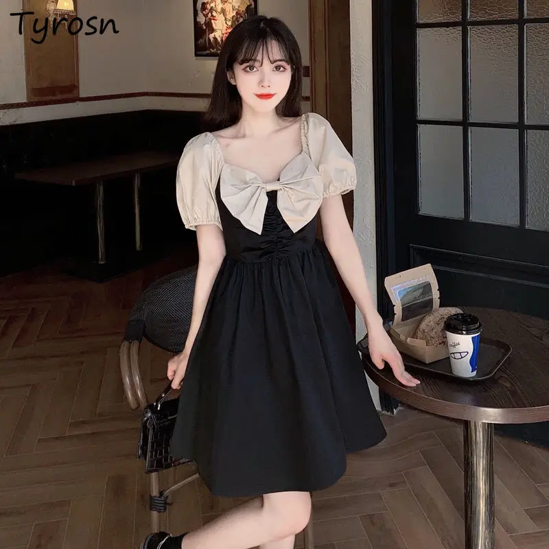 

Dresses Women Patchwork Square Collar Fashion Leisure Korean Style Colleges Sweet Lovely Puff Sleeve Summer Daily Simple Soft