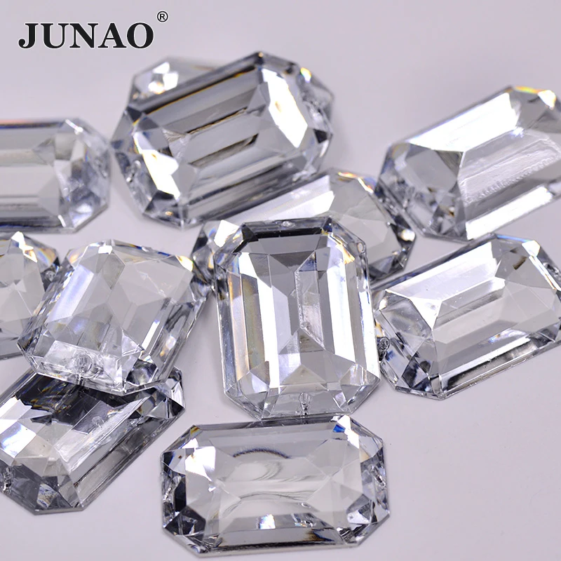 JUNAO 30*40mm 20pcs Sew On Crystal AB Rectangle Rhinestone Applique Large Clear Crystal Stones Big Sewing Faltbak Acrylic Strass