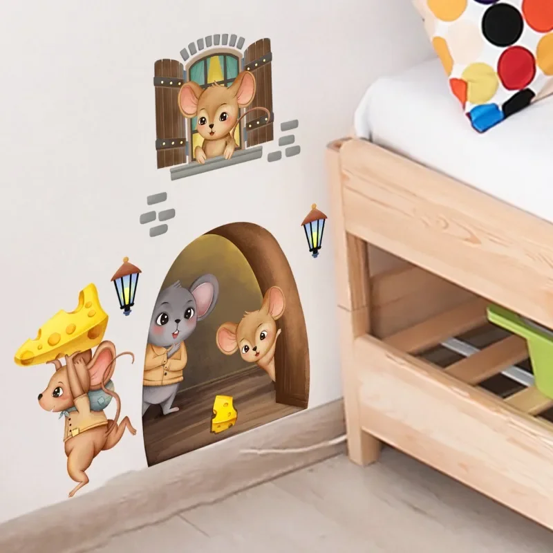 New Mouse Reading Wall Stickers Funny Mouse Hole Wallpaper for Kids Room Bedroom Corner Stairs PVC Removable Decals Room Decor