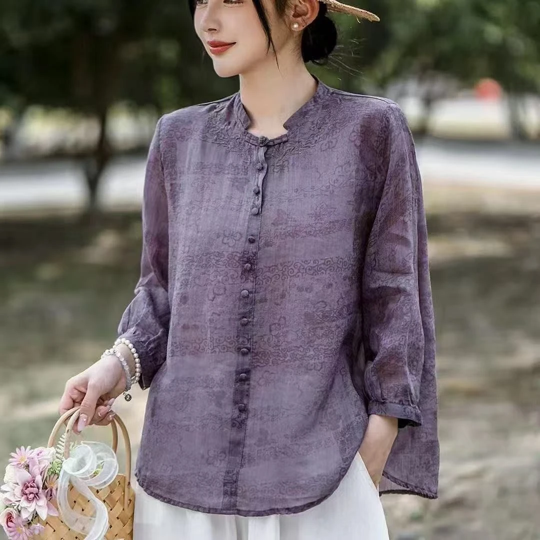 Elegant Harajuku Slim Fit Female Loose Casual All Match Tops Women embroidery Button Three Quarter Sleeve Blouses