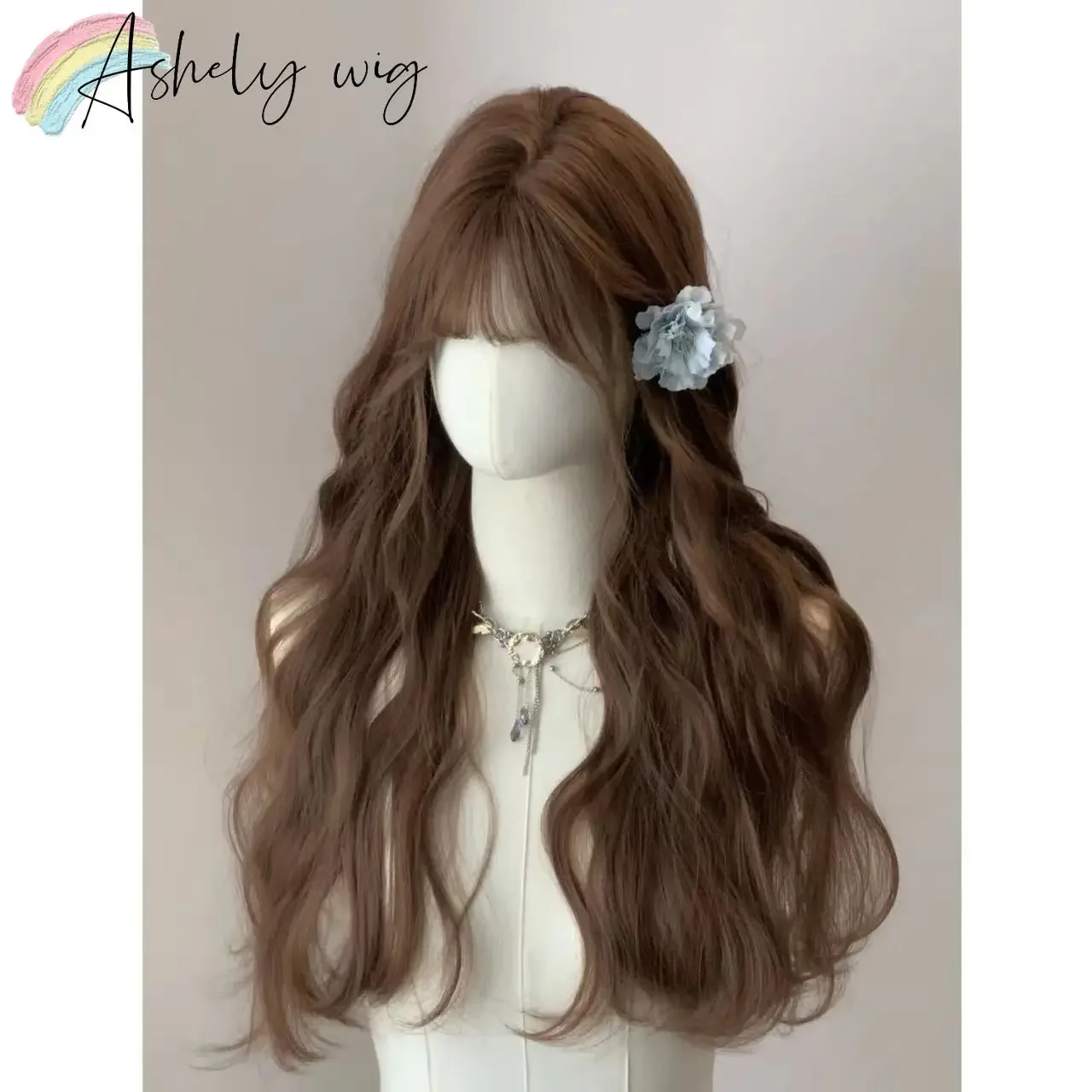 Brown Wig with Bangs Long Curly Wavy Natural Hair for Women 24inch Heat-resistant Fiber Synthetic Wigs Cute Lolita Wig Peruca