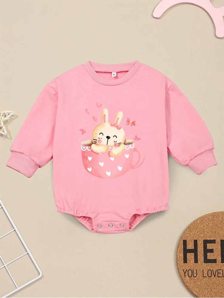 

Kawaii Baby Girl Pink Clothes High Quality Long Sleeve Onesie Cartoon Rabbit Print Toddler Jumpsuit Spring Fall Sweatshirt
