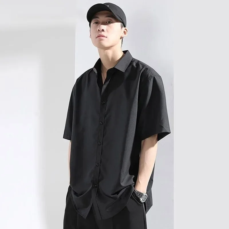 Summer Thin Black Ice Silk Short Sleeved Shirt Korean Version Fashionable Men's Travel Banquet Lapel Loose Single Breasted Shirt