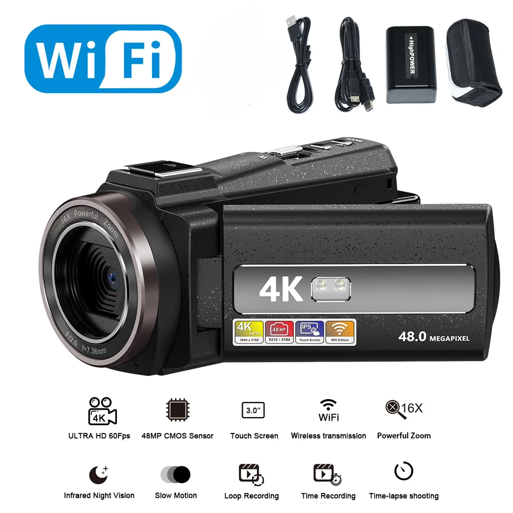 

Digital WIFI Camcorder 4K Full HD 16MP DV Recorder 2000mAh High Capacity Battery 270 Degree Rotation Screen 16X Night Shoot Zoom