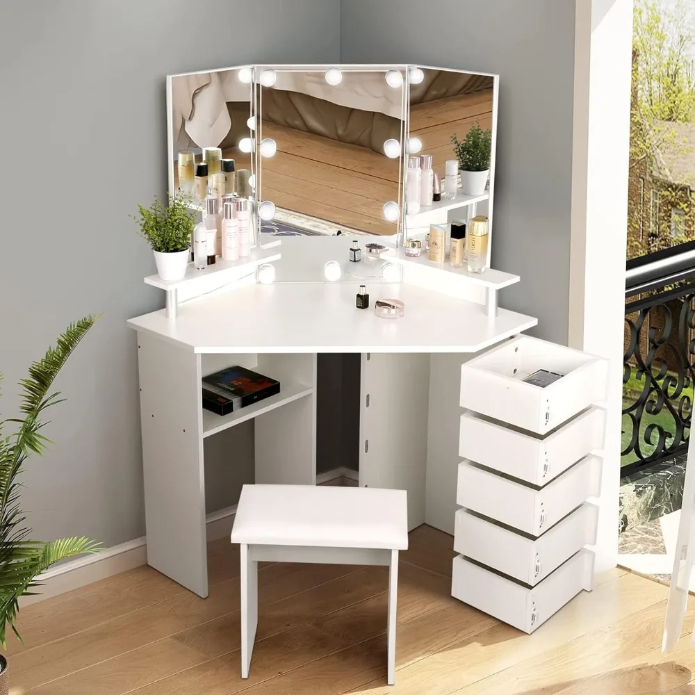 

Drawer Table with Lighting Mirror and Lights 3 Color Lighting Options Vanity Tables with 5 Rotating Drawers 43“L Drawer Table