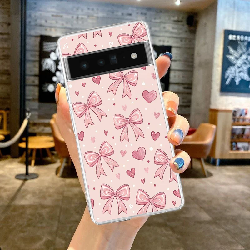 Elegant Soft Clear TPU Phone Case with Cute Pink Heart and Bow Design