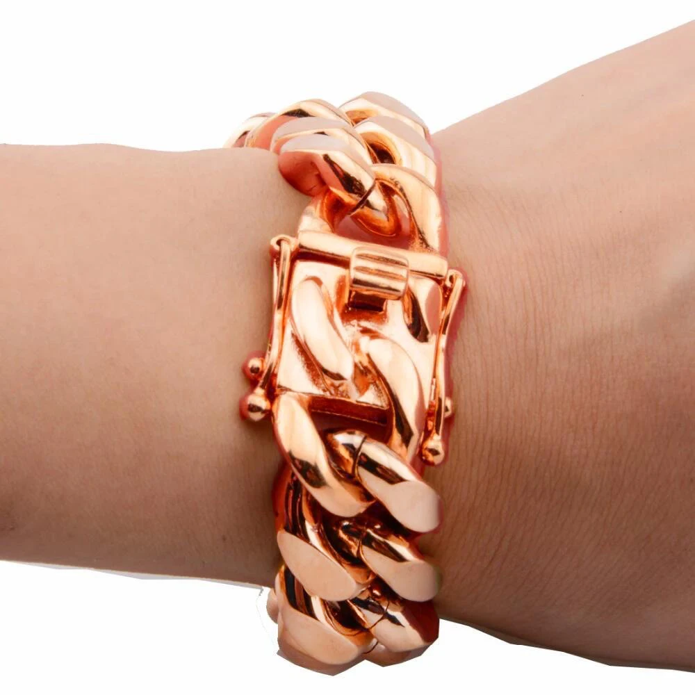 

Granny Chic Rose Gold Tone 316L Stainless Steel Curb Cuban Link Chain Bracelet Bangle for Men Women 14mm 7-11inch