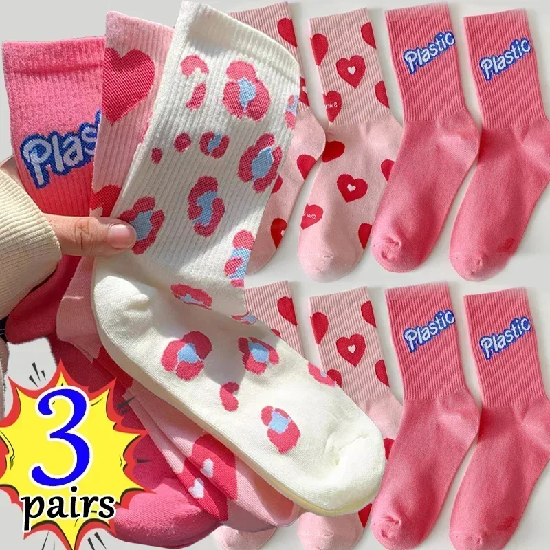 

3/1pairs Y2K Pink Sweet Love Letters Socks Girls Women's Casual Cotton Middle Tube Stocking Lovely Heart Strawberry Crew Sock