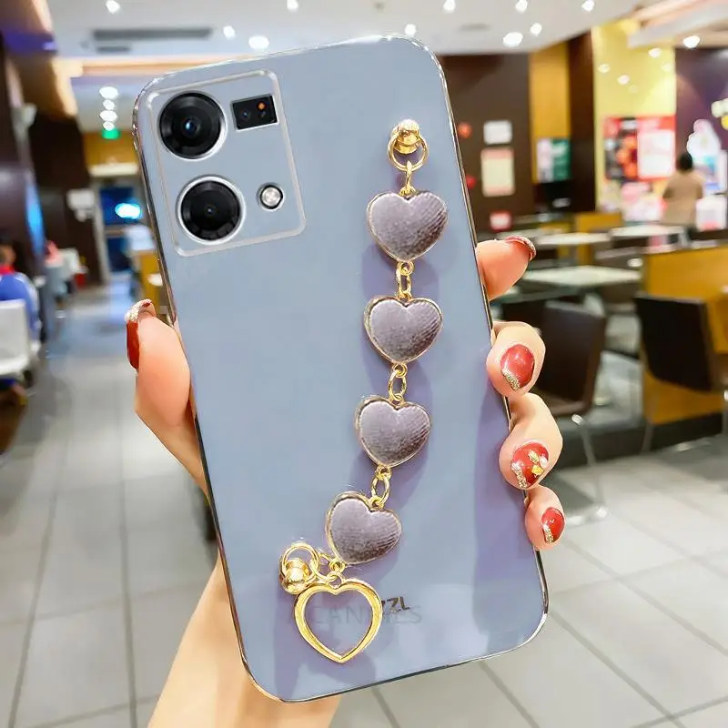 Reno7 Love Heart Bracelet Chain Plating Silicone Phone Case by Realme