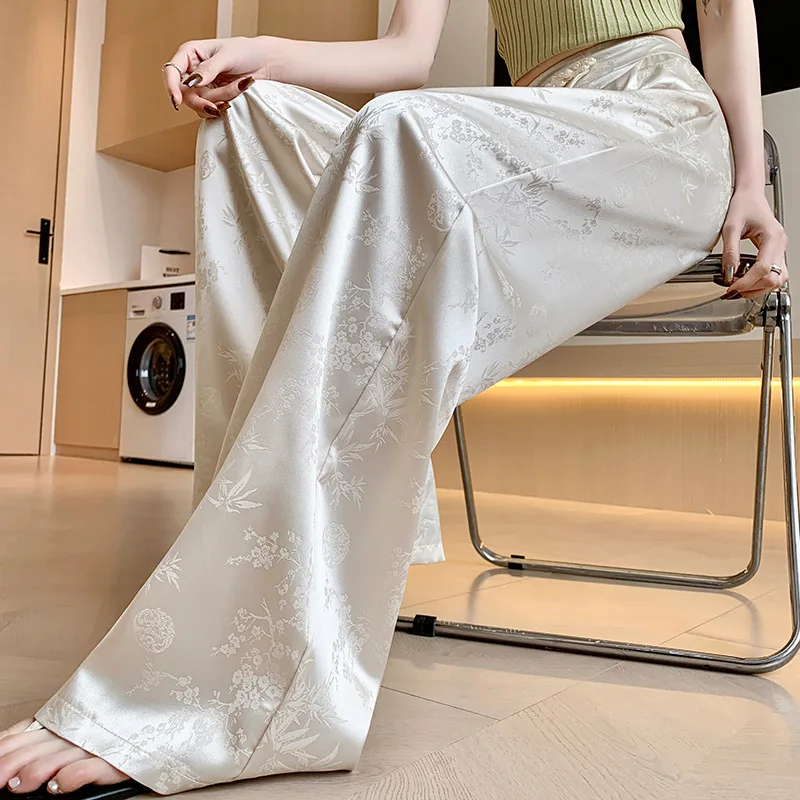 New Chinese Style Button Up Pants for Women's Summer Thin High Waisted Straight Leg Ice Silk Satin Jacquard Wide Leg Pants