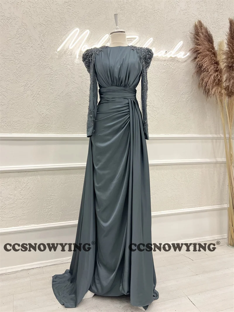 

Long Sleeve Muslim Evening Dress Satin Beaded O Neck A Line Islamic Hijab Formal Party Gown Arabia Dubai Robes De Soirée