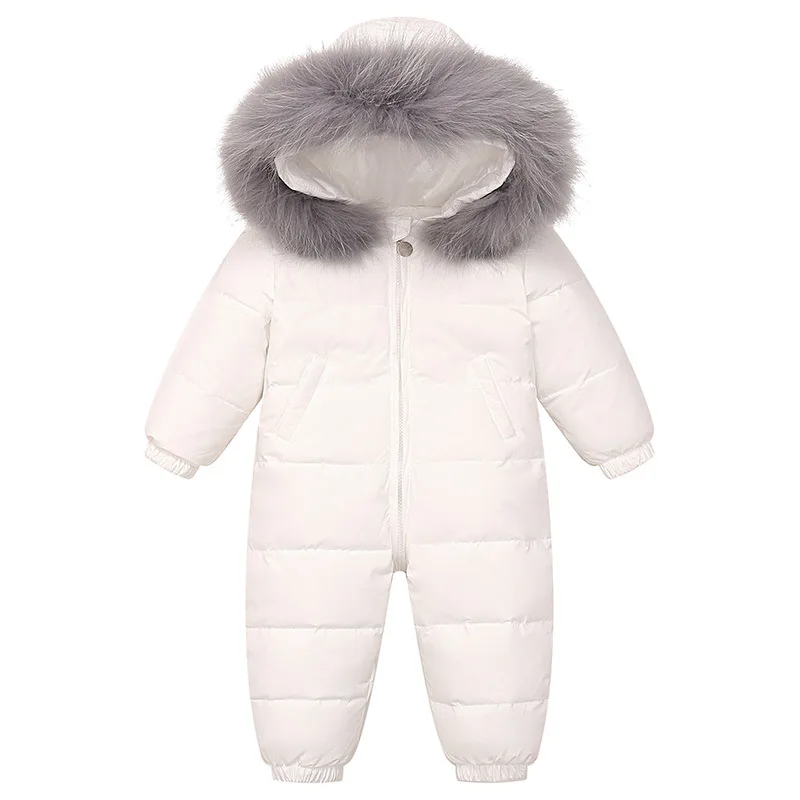 RAISE Winter Baby Boy Down Jumpsuit Real Raccoon Fur Hooded Baby Girl Snowsuit Toddler Boy Winter Romper Infant Overalls Outfits