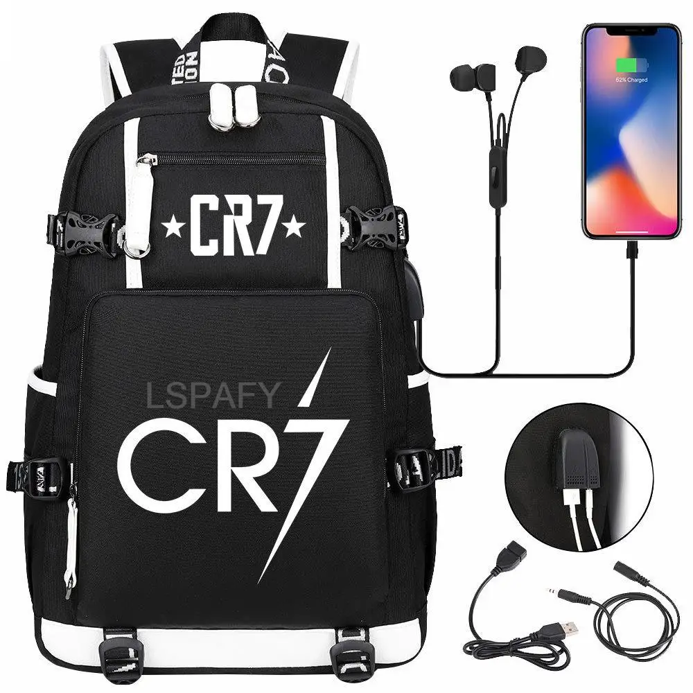 USB 충전백팩 축구 CR7 배낭 십대 노트북 USB 충전 다기능 방수 학교 가방, 배낭, Mochilas