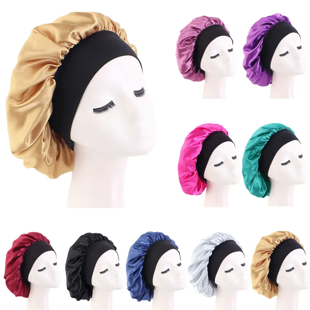 

Satin Silky Women Hijab Sleep Night Cap Turban Bonnet Elastic Wide Band Beauty Makeup Hair Care Curly Hair Styling Accessories