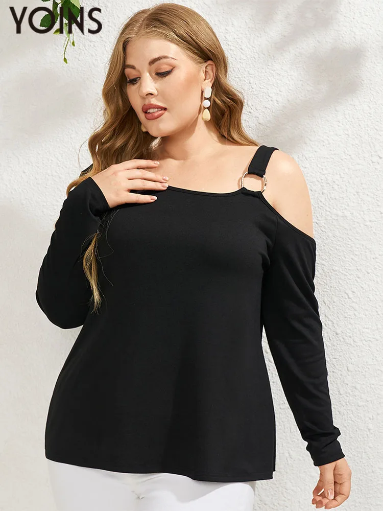 

YOINS 2023 Plus Size Women Blouses Fashion Solid Off Shoulder Long Sleeve Ring Design Sexy Shirts Tops Party Tunic Casual Blusas