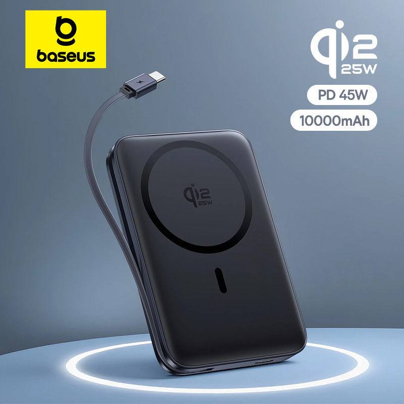 Baseus 10000mAh 45W Power Bank For Qi2.2 25W MagSafe Magnetic Wireless Charging Built-In USB-C Cable For iPhone 17 Samsung S25