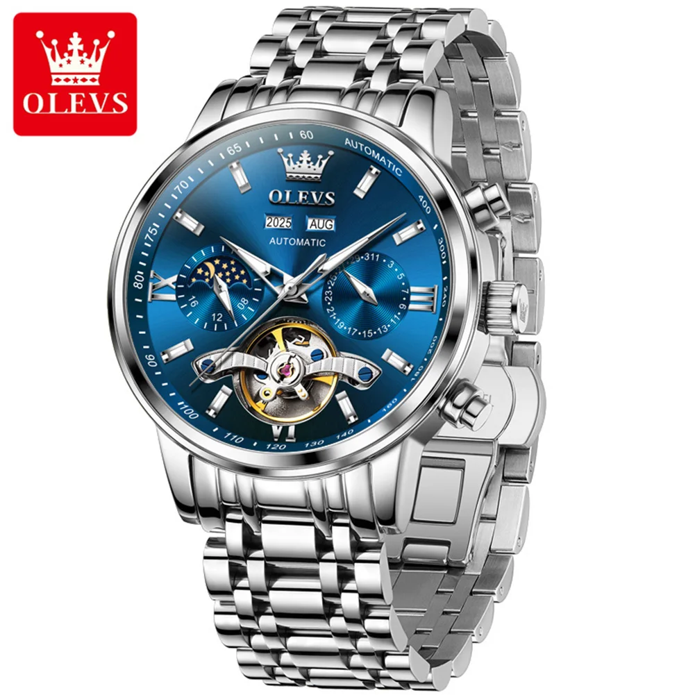 OLEVS 6740 New Automatic Watches For Man Exclusive Mechanical Skeleton Flywheel Men's Watches Moon Phase Calendar Wristwatch Man
