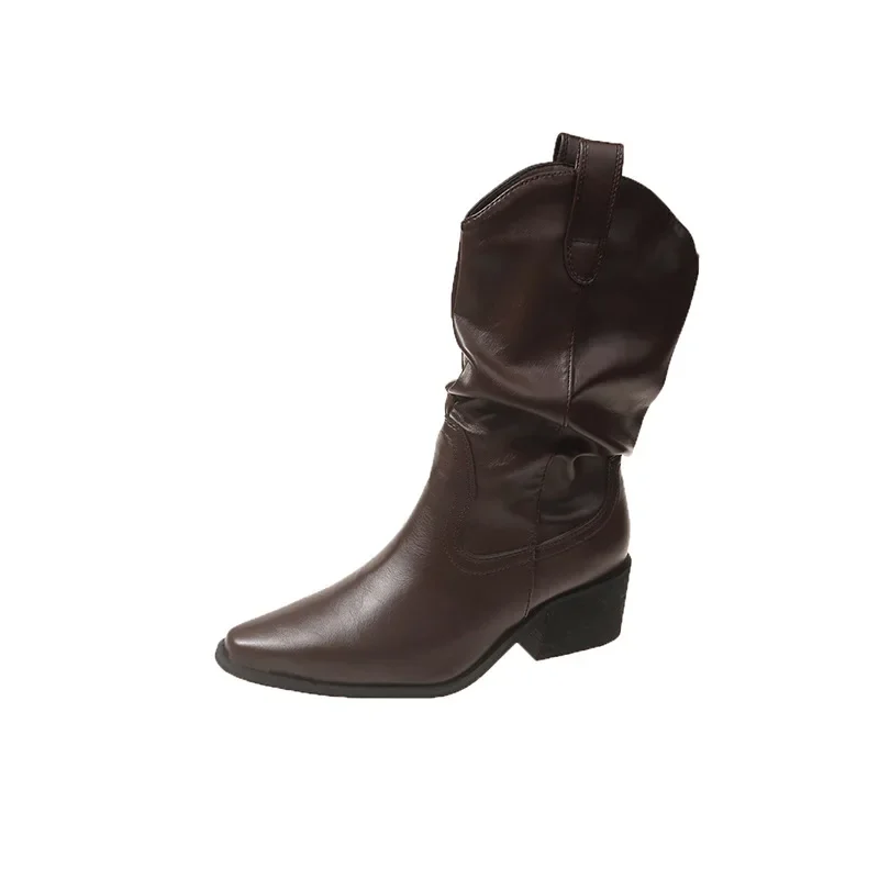 Women Thick Heel Western Boots Women Faux Suede Chunky Heeled Ankle Boots Autumn New Sewing Slip on Knight Pointed Botas Mujer