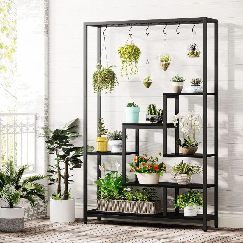 5-Tier Tall Indoor Plant Stand, 70.9 Inches Large Metal Plant Shelf with 6PC S Hanging Hooks, Multi-Purpose Flower Bonsai Pots