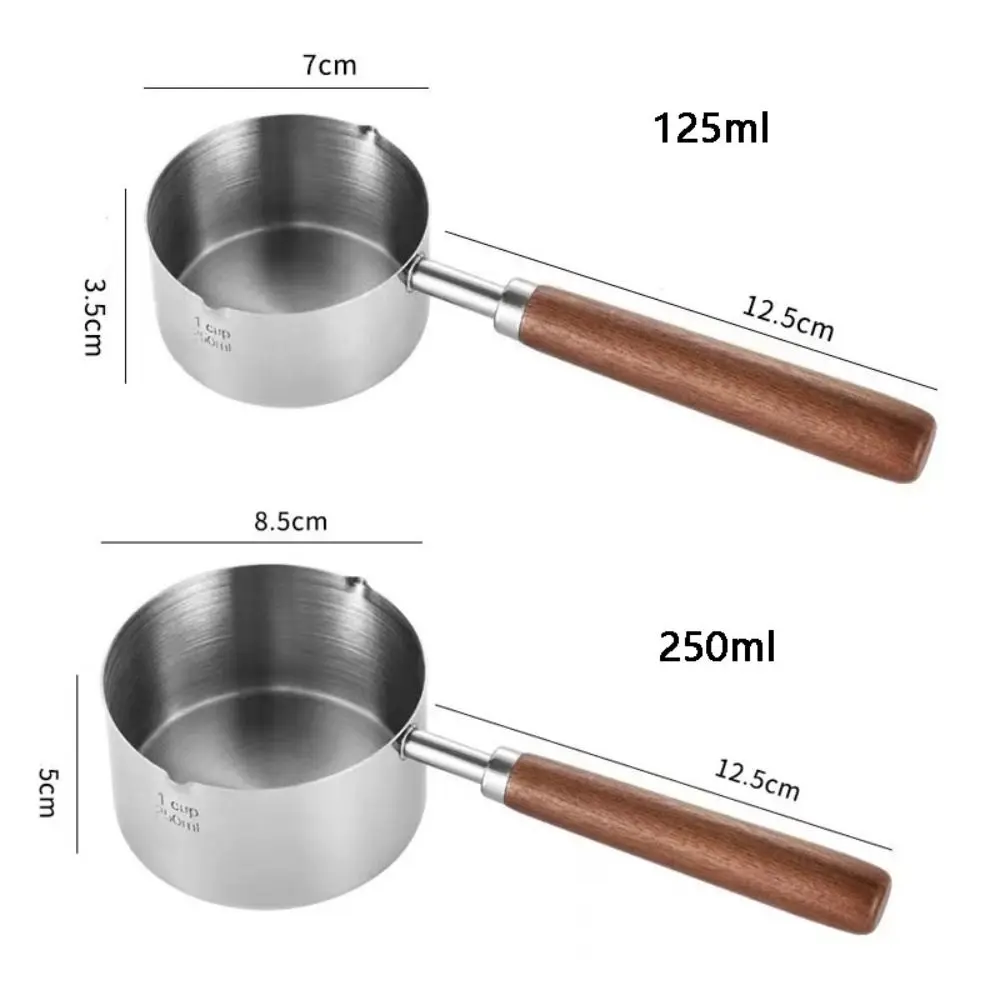 Mini Frying Pan Wooden Handle Milk Pan with Scale 304 Stainless Steel Small Sauce Deepen Spout Oil Pot Butter Melting