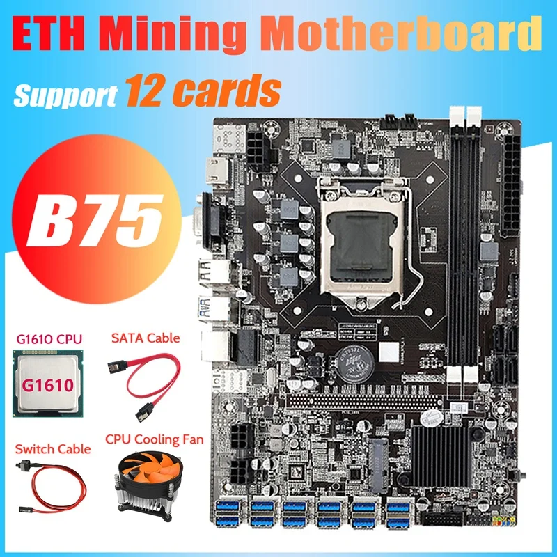 B75 ETH Mining Motherboard 12 PCIE To USB+G1610 CPU+Cooling Fan+Switch Cable+SATA Cable DDR3 MSATA LGA1155 Motherboard latest motherboard for desktop pc