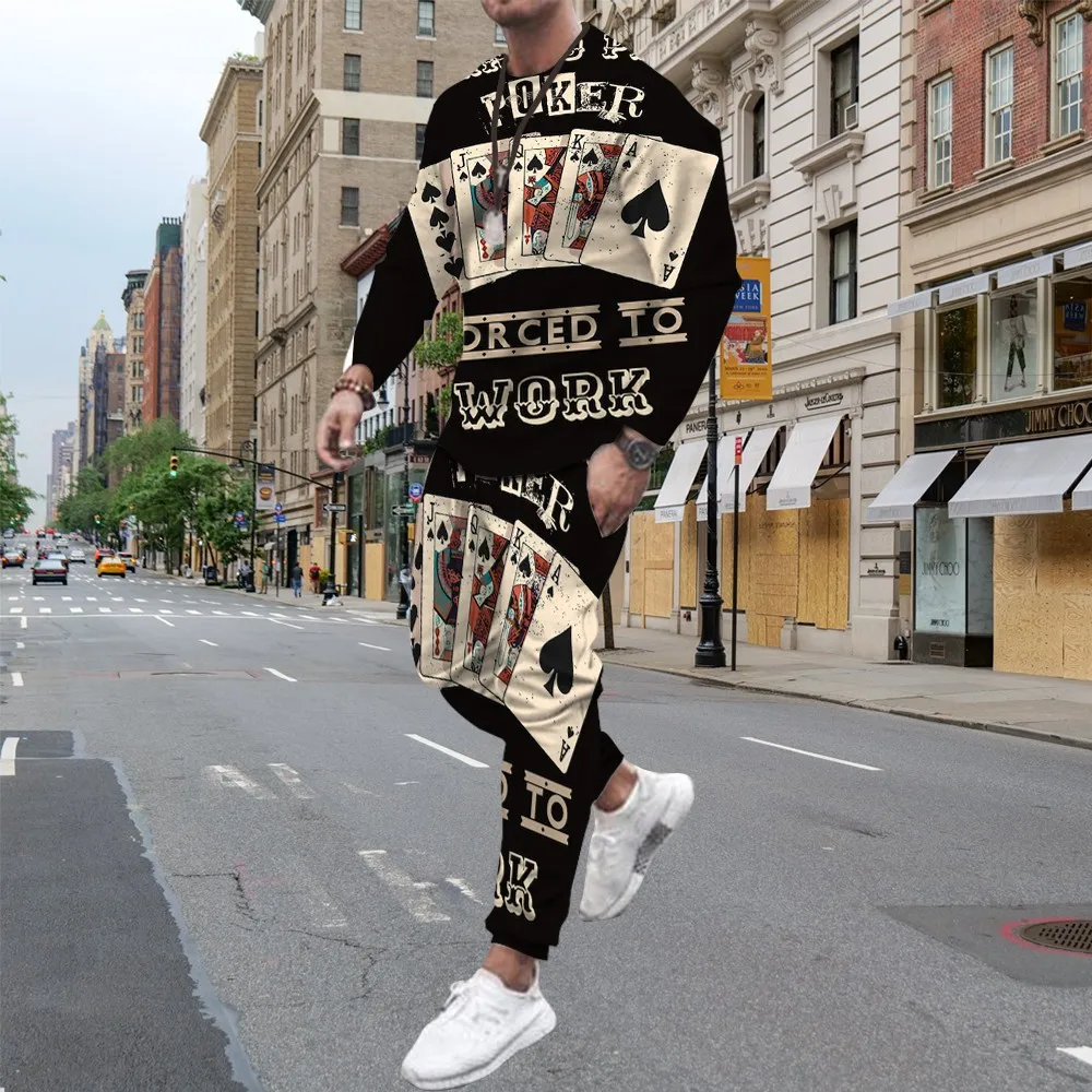 Fashion Poker 3D Print Men's Sportswear Set Casual Long-Sleeved T Shirt Pants 2-Piece Set Oversized Pullover Men Clothing 2