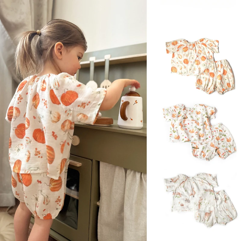 

2024 Kids Summer Lounge Pyjamas Double-layer Breathable Cotton Gauze Top+Shorts Toddler Children Girls Homewear Pajamas Suit