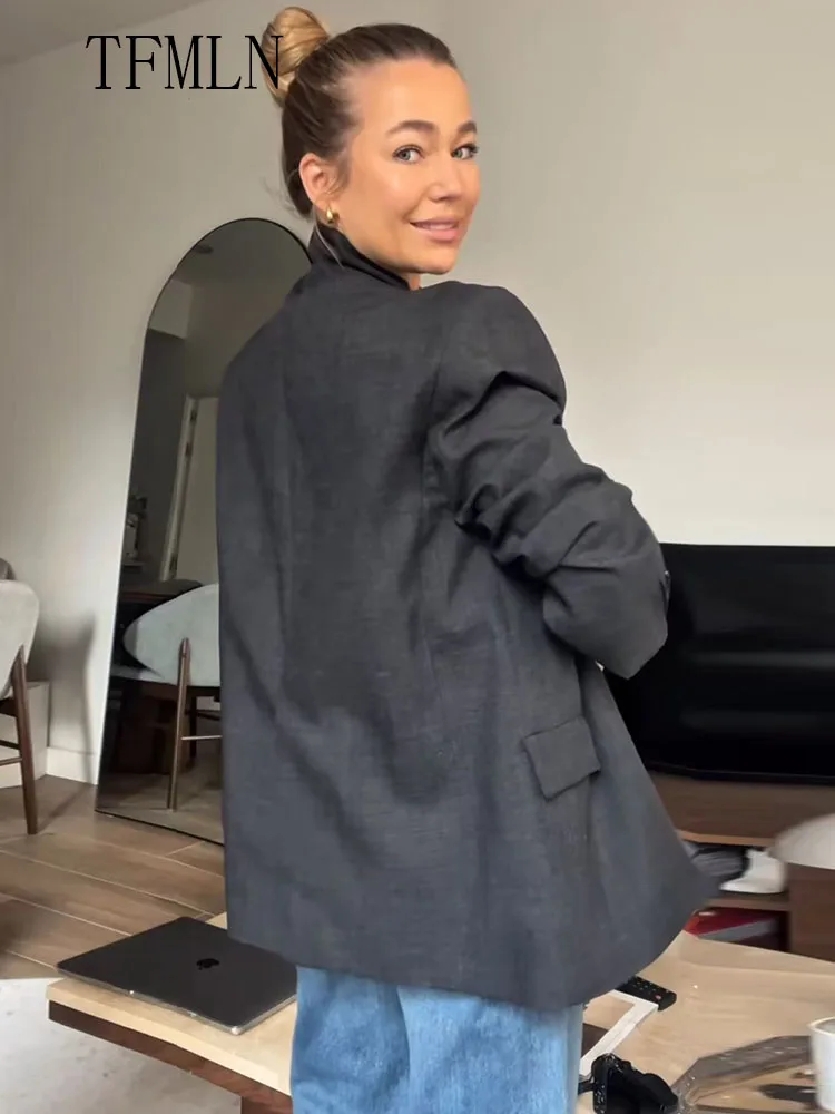 Office Ladies Solid Blazer Jackets 2026 New Chic Loose Single Button Pockets Causal Coats Retro Long Sleeve Asymmetrical Top