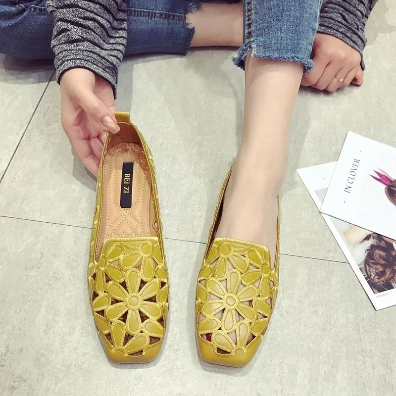 Top Quality Women's Hollow Ballet Flats Yellow Emboridery Designer Shoes for Women 2022 Summer Square Toe Soft Leather Moccasins tesco shoes women's flats	