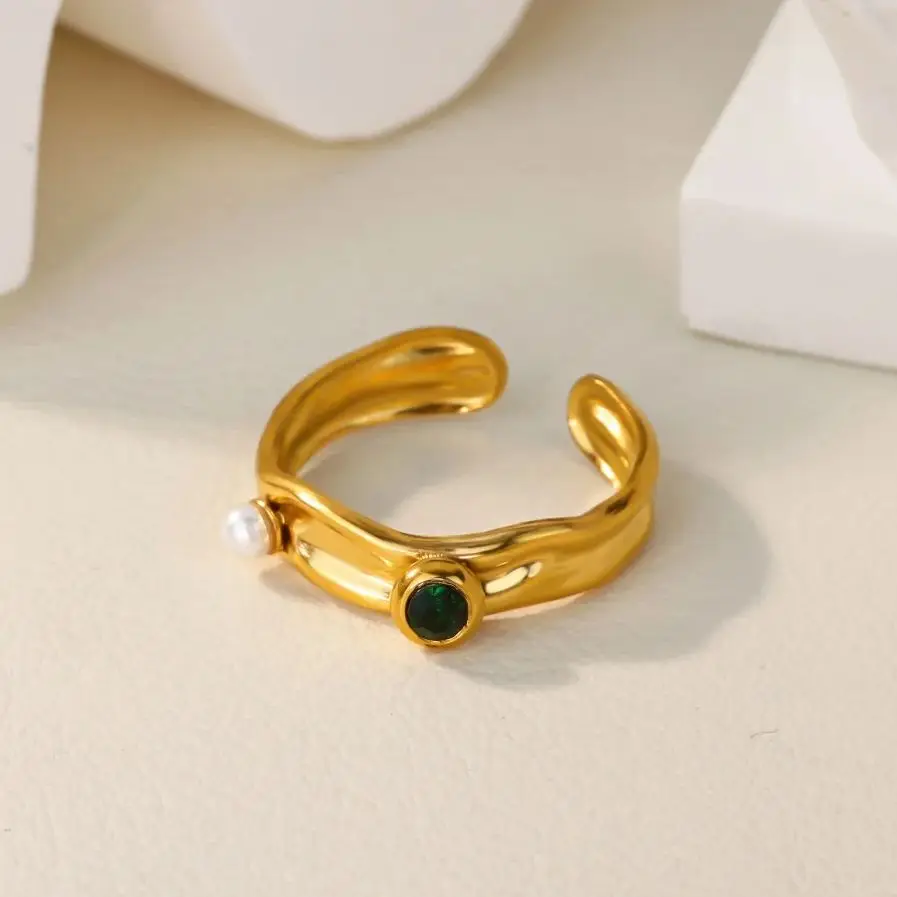 Zircon Pearl Rings Women Gold Stainless Steel Adjustable