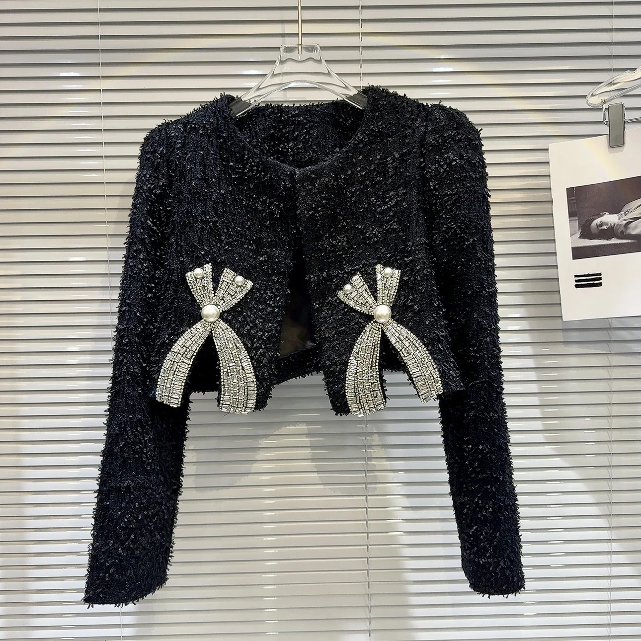 Office Lady Skirt Sets Women Fall Winter Crew Neck Long Sleeve Short Coat Pearl Bow Rhinestone Quilted Short Coat Skirt Outfit