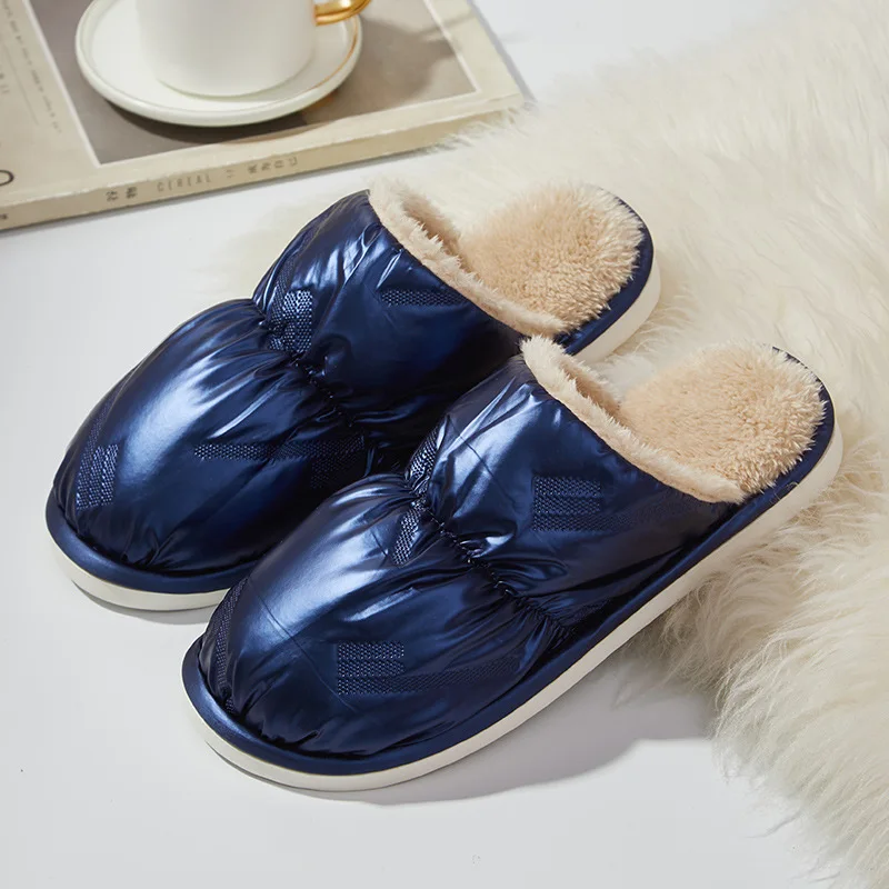 2022 Winter Couples Outer Wear Glossy Waterproof Upper Floor Slippers Women's Household Warm Down Cloth Cotton Shoes Mujer