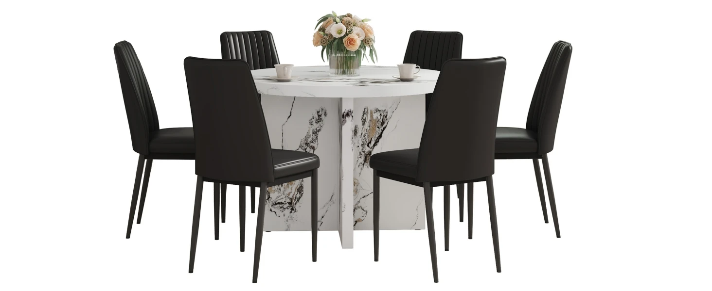7 Piece 42 Inch Round Dining Table Set, Modern with 6 Upholstered Chairs，Solid and Durable Construction for Kitchen Room, White