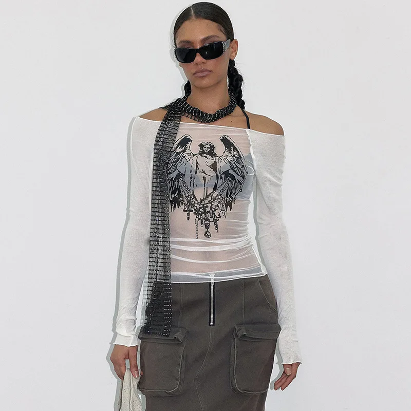 Fashion Knitted Mesh Character Print Graphic T Shirts Casual One-Piece Neckline Long Sleeve Women Clothes See-Through Y2k Top