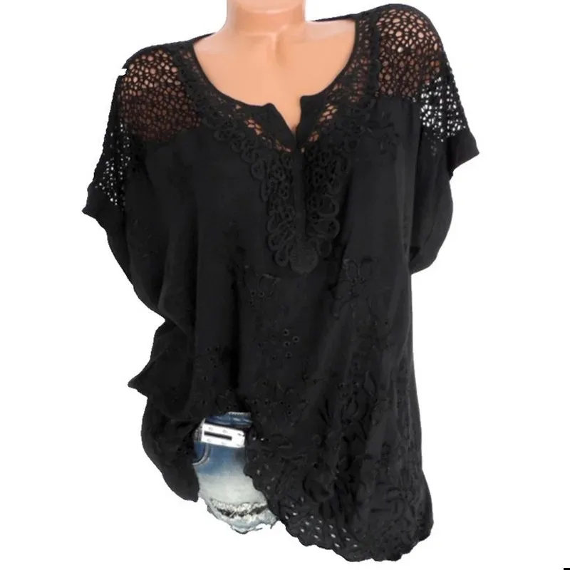 Women's Hollow Out Floral Blouse Sexy Shirts Casual Loose Short Sleeve Summer Women's Tops White Female Clothing 28299