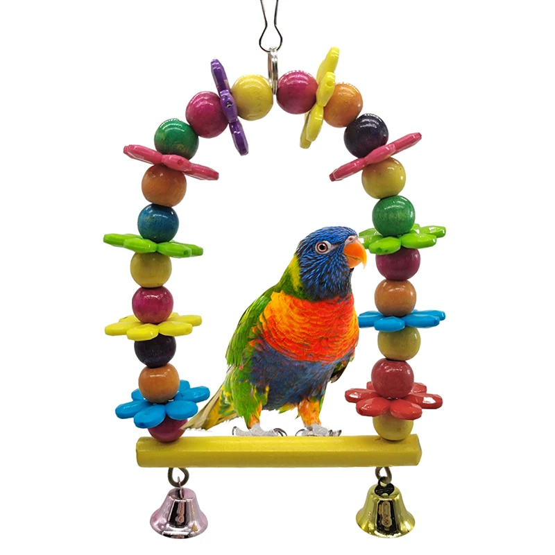 

Деревянные качели для птиц, игрушка для попугая, подвесная стоячая жевательная игрушка с колокольчиком, птичья клетка, красочные качели, игрушки для попугая, товары для птиц