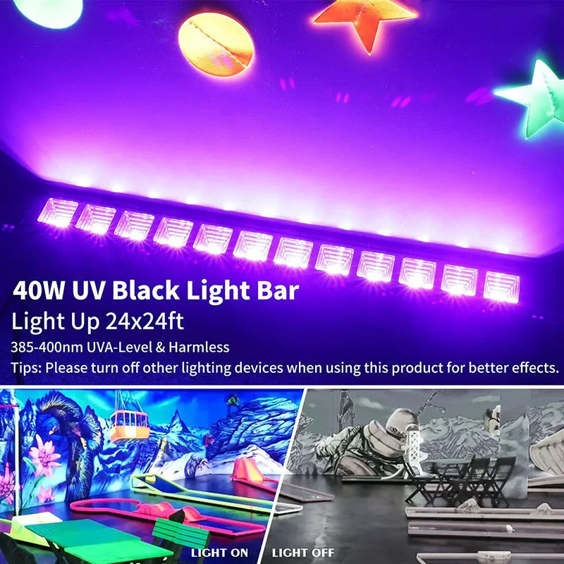 40W LED Black Light Bar,Black UV Lights with 5ft Power Cord,Plug and Switch，The Dark Party for Halloween Stage Light Fluorescent
